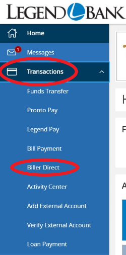 Biller Direct transaction menu in Online Banking
